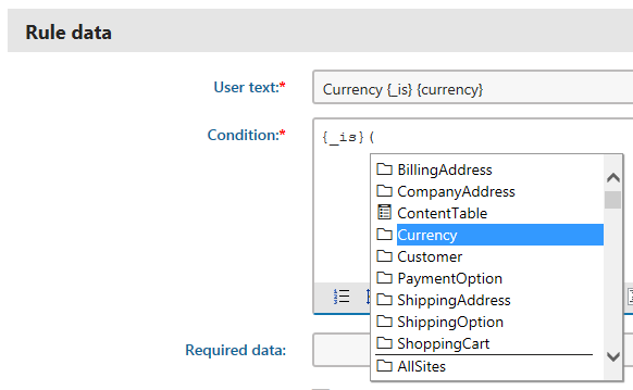 Available data for order rules