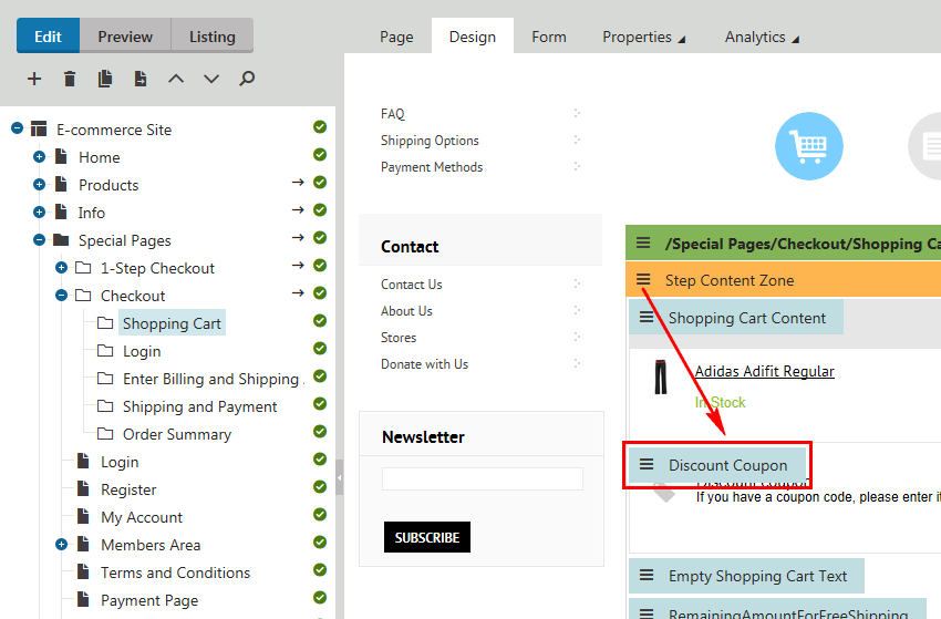 Adding the Discount coupon web part to the selected web part zone