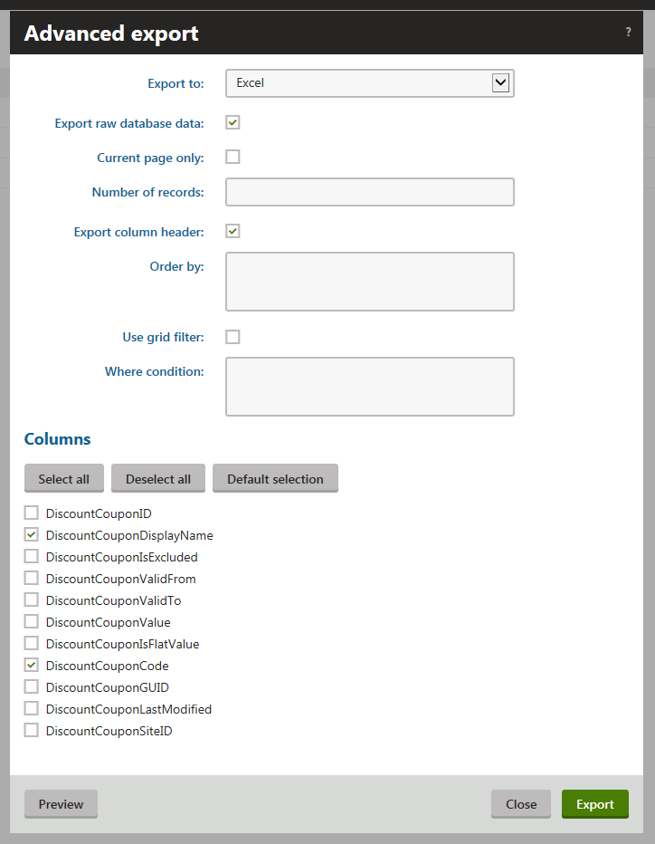Configuring advanced export
